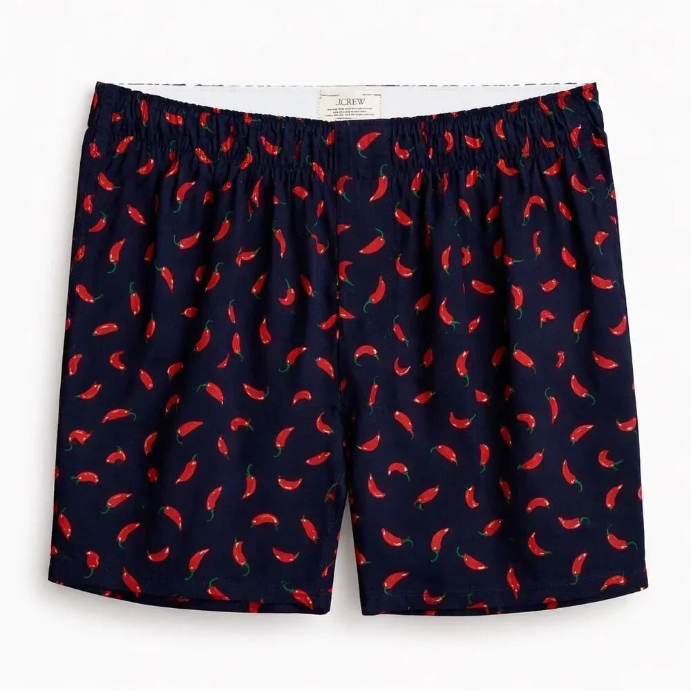J.Crew Men’s Boxer Shorts Woven Medium Navy Chili Pepper Print Cotton Poplin NWT